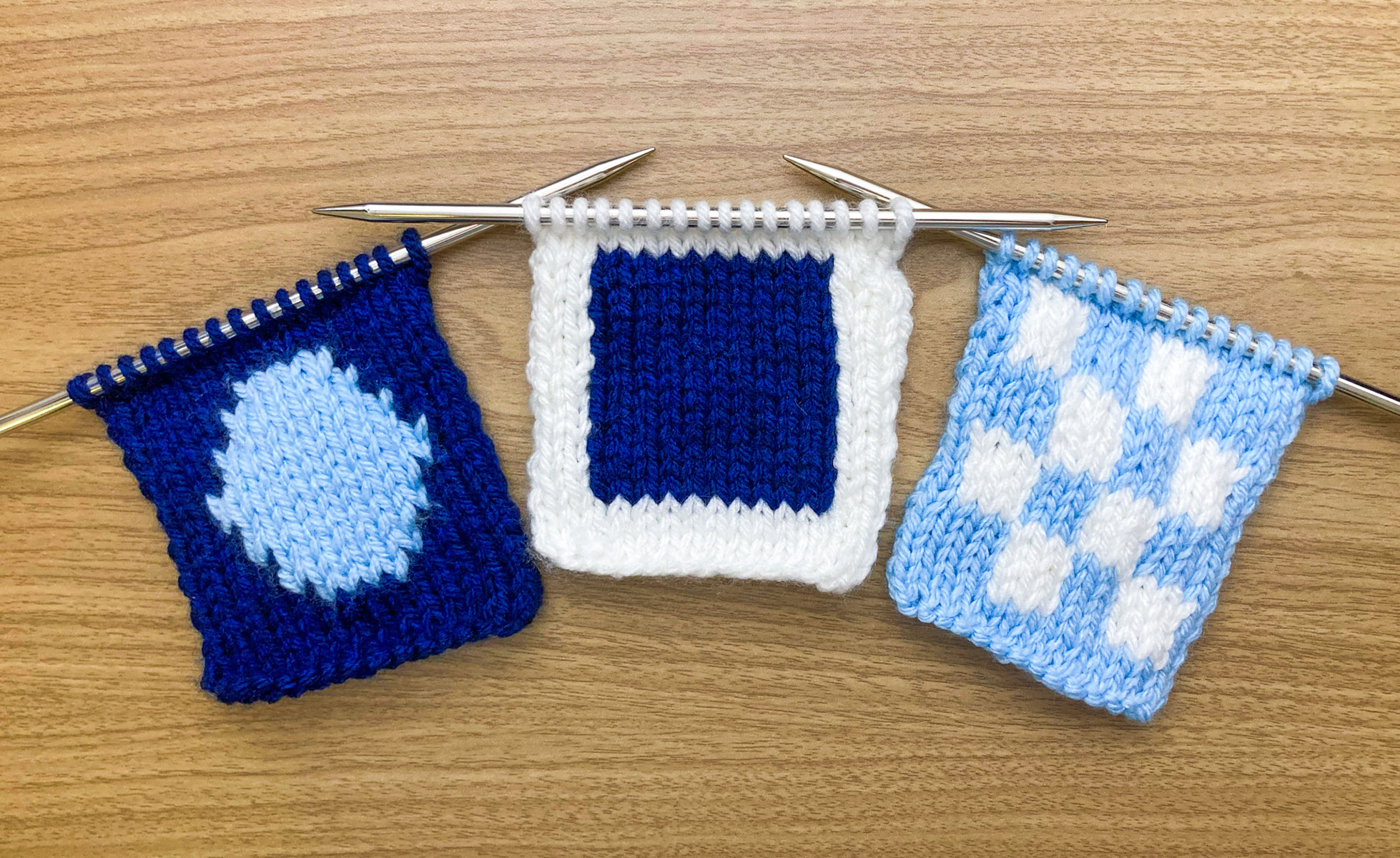Three different intarsia patterns: a circle, a big square and little squares