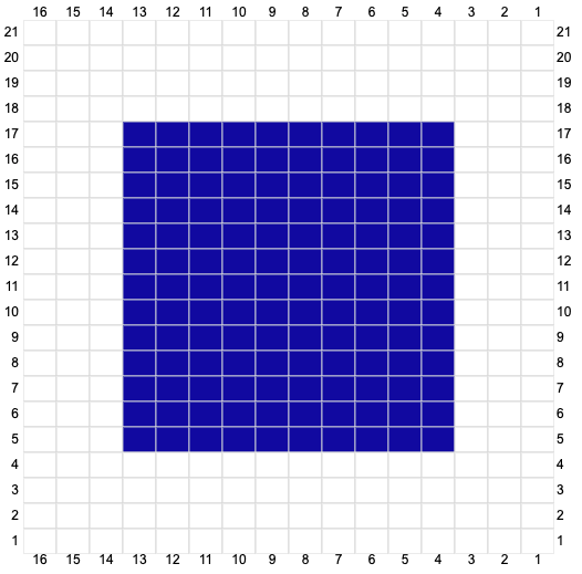 Intarsia pattern of a blue square with a white background