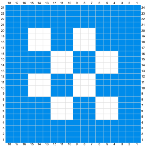 Intarsia pattern of little white squares with a light blue background