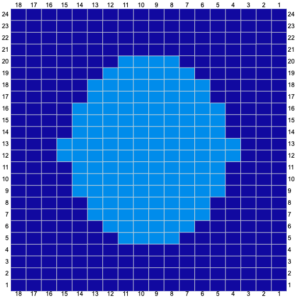 Intarsia pattern of a light blue circle with a blue background
